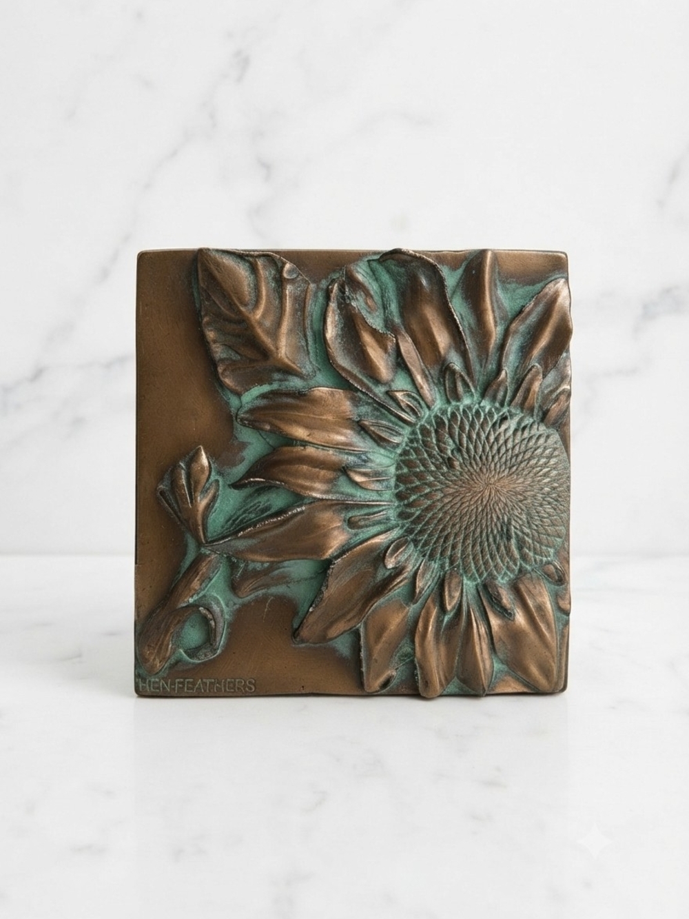 Vintage Hen-Feathers Bronze Sunflower Bas-Relief Wall Art | Cold Cast Verdigris